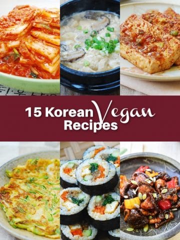 6 Korean v15 Korean Vegan Recipes collage of six photos and text overlay